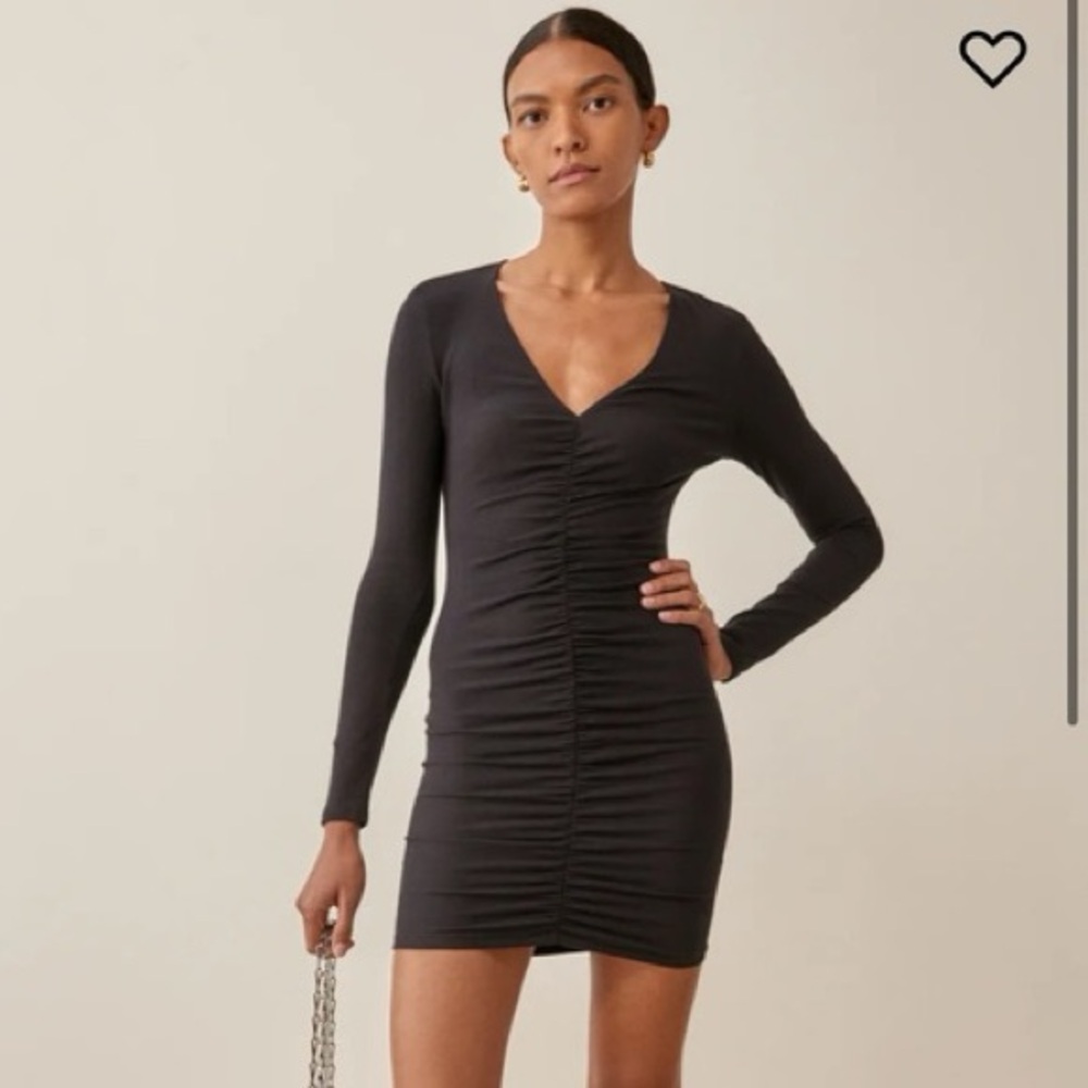 Reformation Black Ruched Long Sleeve Dress